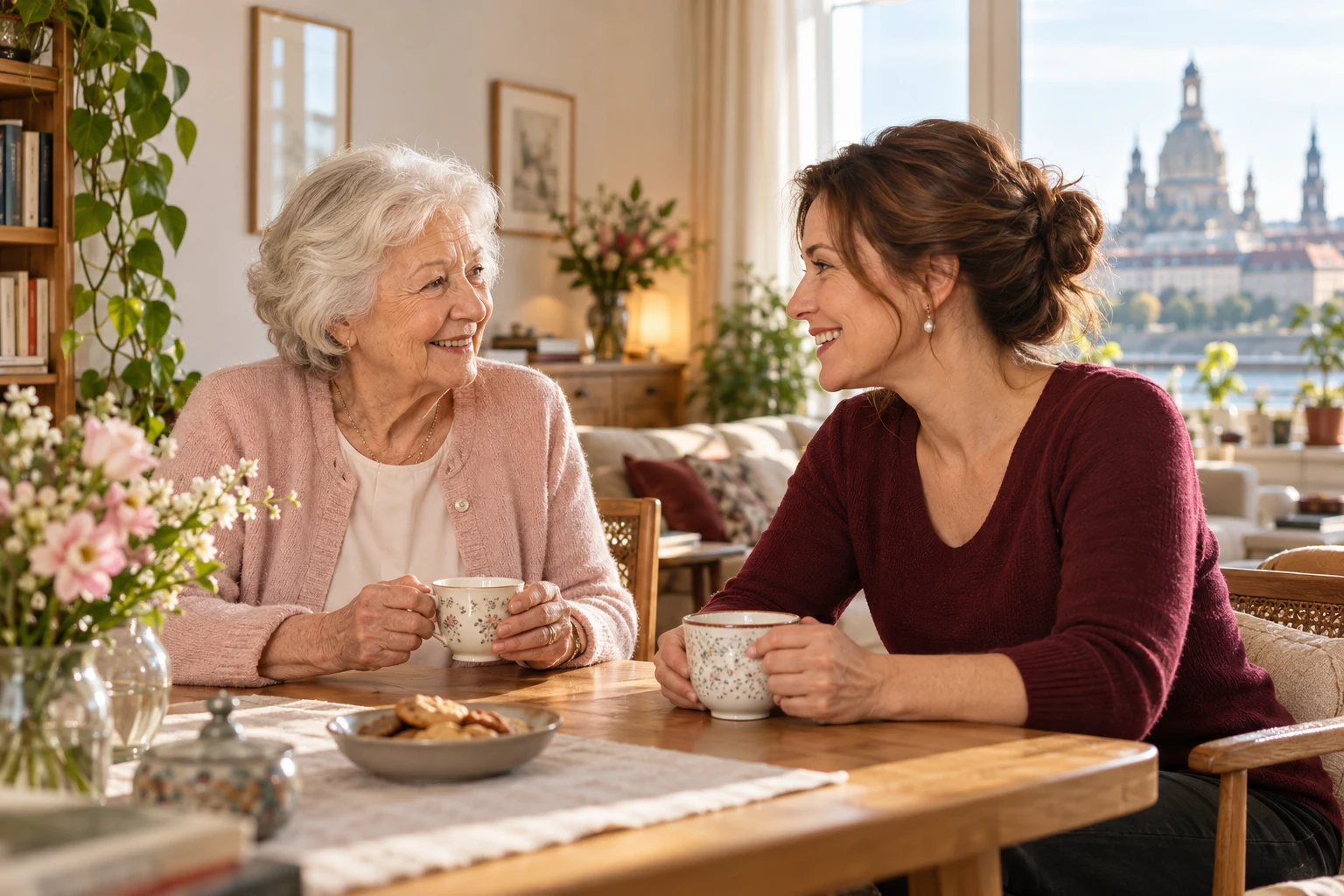 Eine ältere Frau und ihre Begleiterin verbringen eine entspannte gemeinsame Zeit bei einer Tasse Tee.